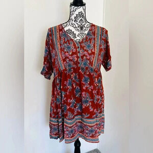 NWT Angie Women’s Brown Blue Floral Short Sleeve Boho Peasant Mini Dress Size M